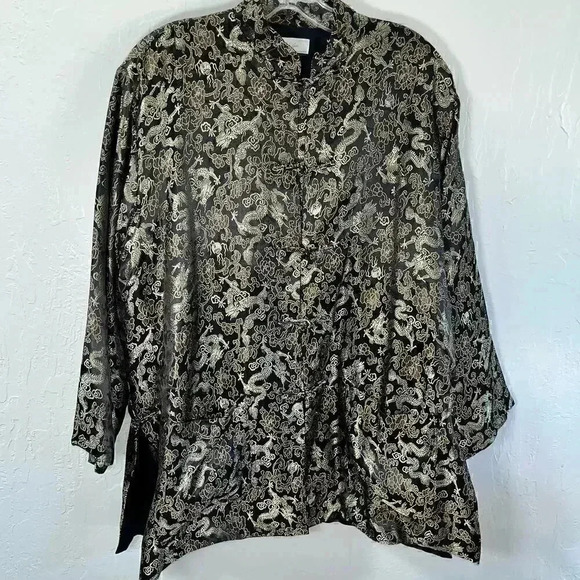 Jade Jade Jade Asian Black Gold Dragon‎ Jacket 100% Rayon Knot Button Large - Picture 1 of 5